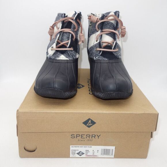 NEW Sperry Saltwater Cozy Wool Navy Blue Plaid Duck Winter Boots Women's 6 - Picture 3 of 9